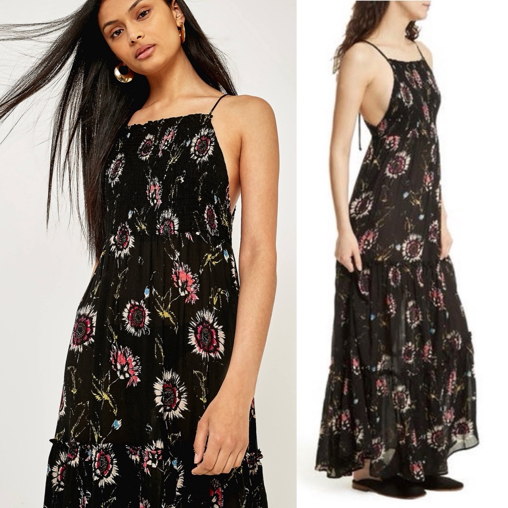 Free People Garden Party Floral Maxi Dress L Boho Smocked Tiered A-Line Romantic - Picture 5 of 16